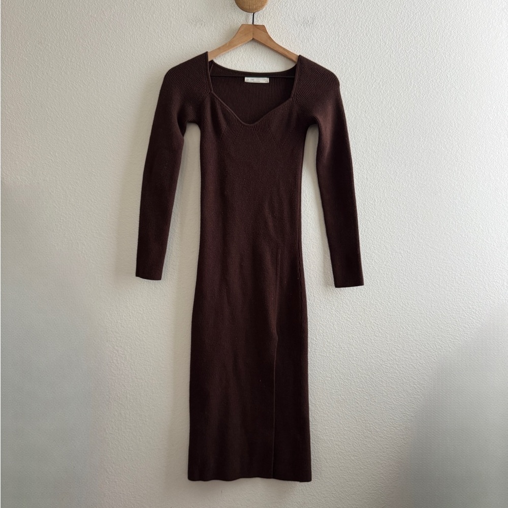 Oak + Fort Brown Knit Ribbed Sweater Dress